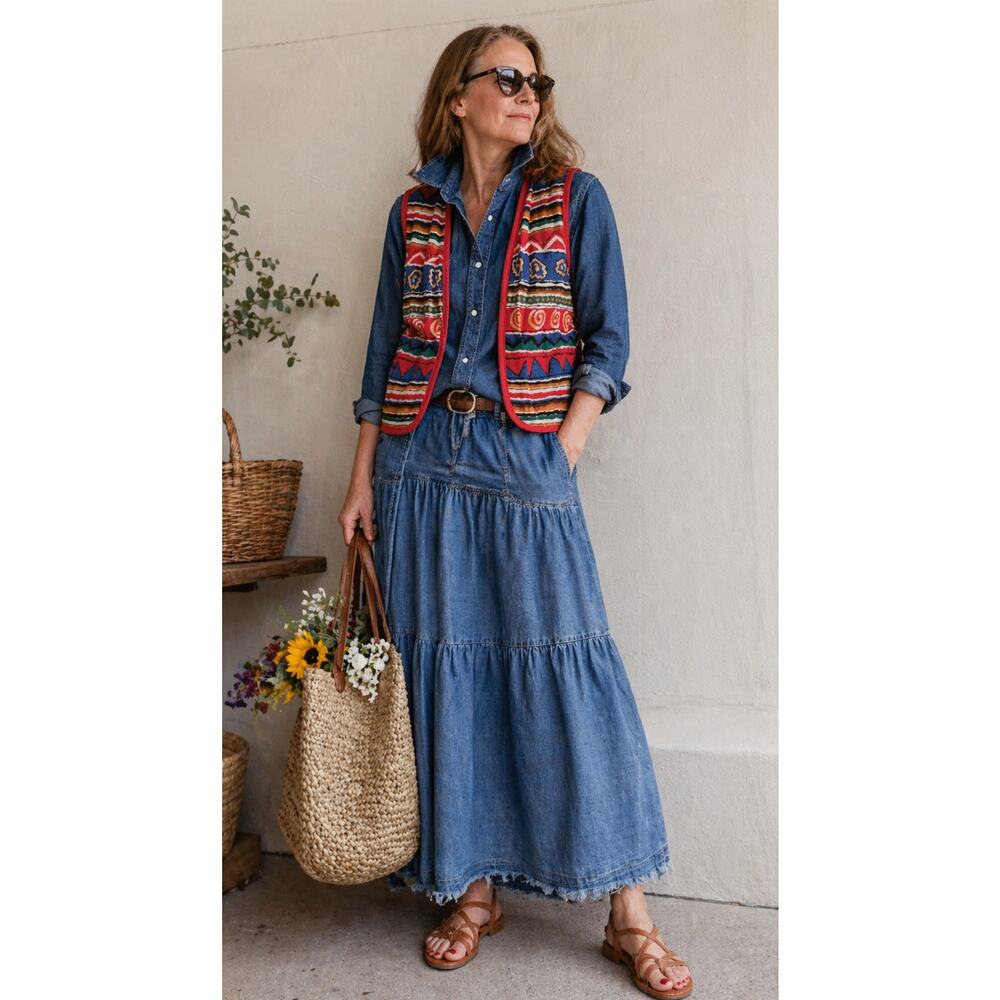 Vintage 80s Linen Graphic Print Vest Size Small Red Blue Green Artsy India Vibe